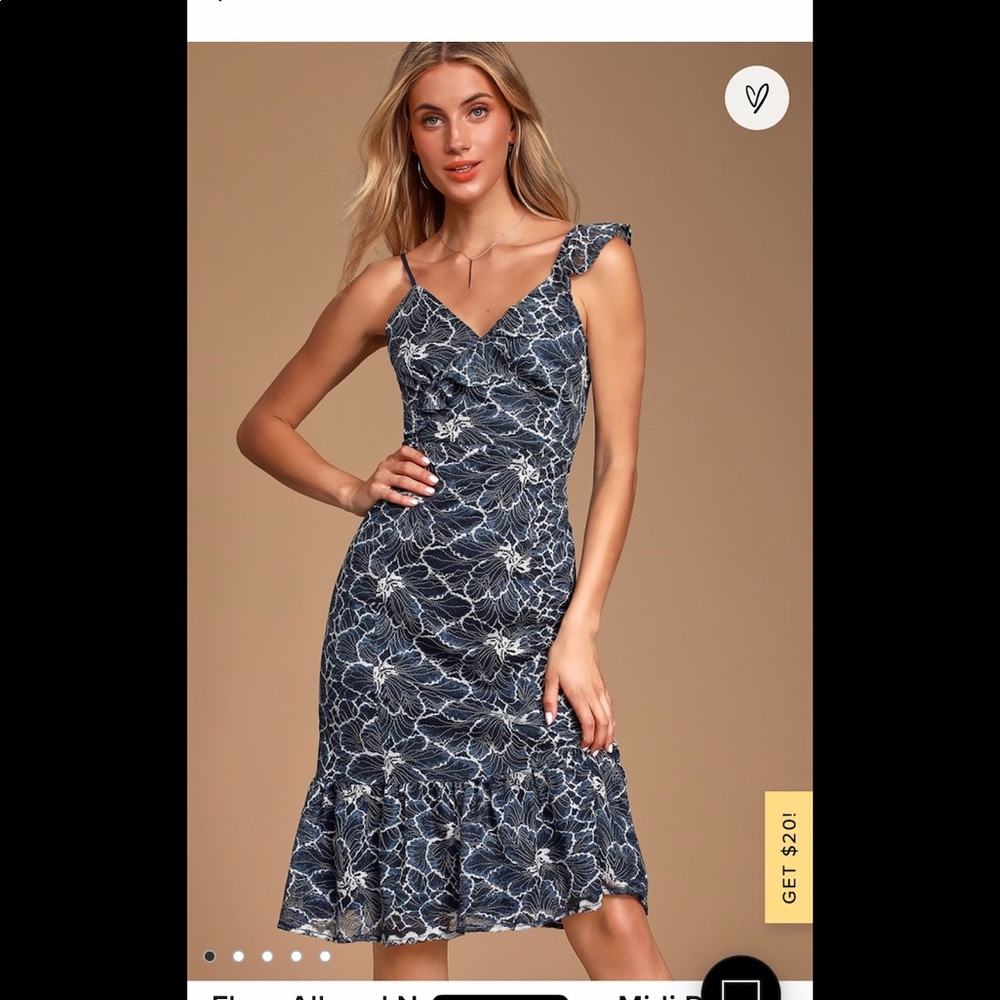 NWT Lulus Small Midi dress lace -fully lined- navy blue and white flirty floral